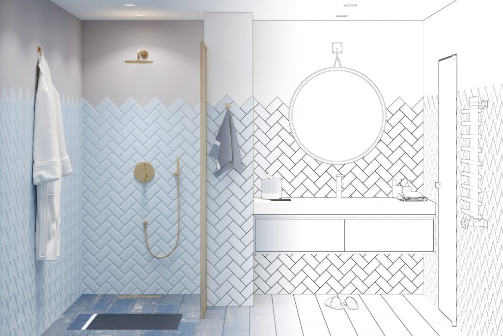 Bathroom design concept rendering next to the finished herringbone-tile shower, AJH Construction