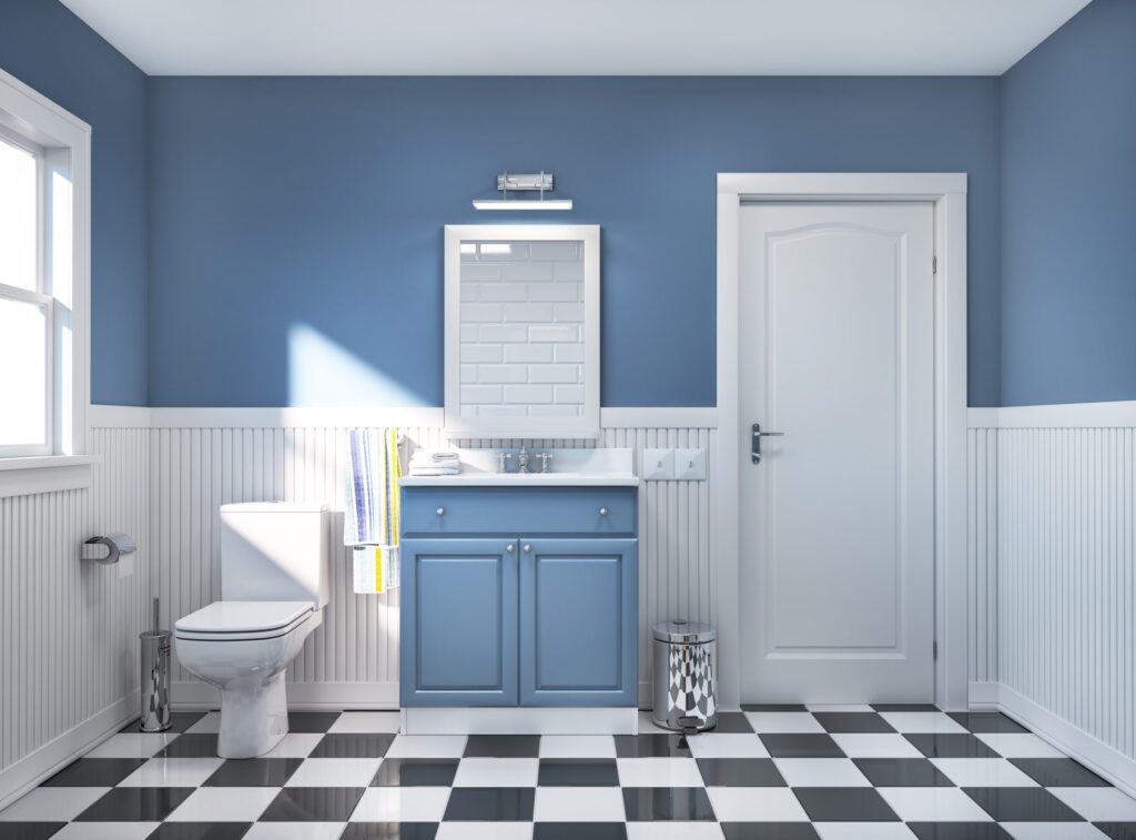 Blue vanity bathroom with beadboard and checkerboard floor, AJH Construction, San Jose